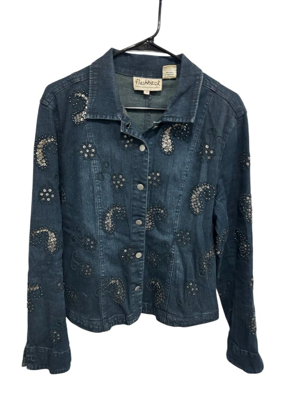 Flashback Embellished Paisley Floral Studded Denim Jacket Size Medium Boho Chic